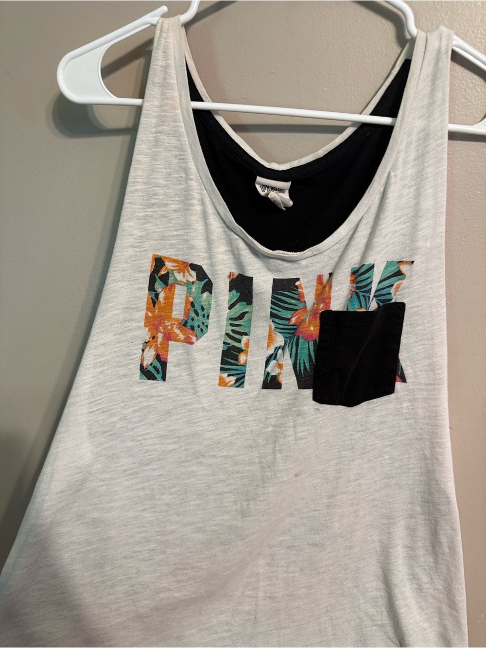 Victoria's Secret White Tank Top with Floral PINK Logo and Black Pocket